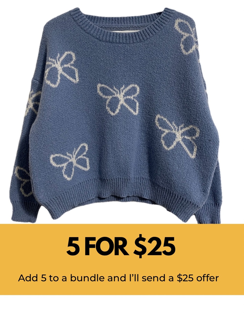 SHEIN Blue Crewneck Sweater with Cream Butterfly Motif